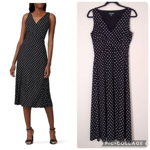 Lauren Ralph Lauren Black White Polka Dot V-Neck Yansila Sleeveless Midi Dress